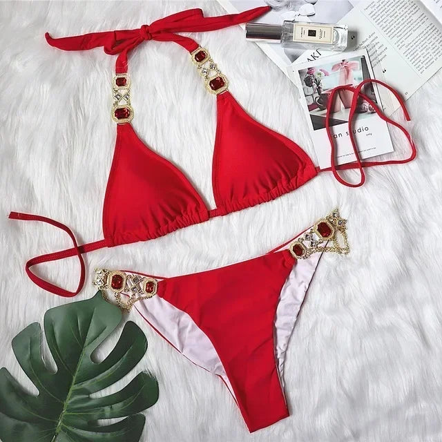 Halter Metal Chains Rhinestone Diamond Bikini Women | SAMAG