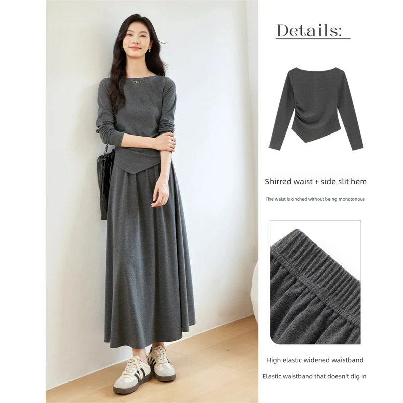 VIMLY Women's Two-Piece Set Elegant Hem Irregular Long Sleeve T-shirt Elastic Waist Long Skirt Fall Matching Outfit Female M8577