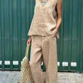 Summer Cotton And Linen Casual Outfits Female Fashion Solid Color Two-piece Set For Women Sleeveless Top Trousers Women's Suit