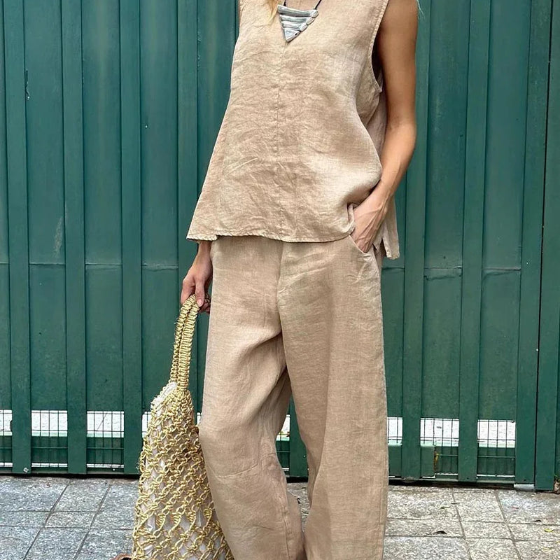 Summer Cotton And Linen Casual Outfits Female Fashion Solid Color Two-piece Set For Women Sleeveless Top Trousers Women's Suit