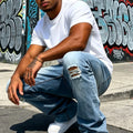 Men's Light Blue Denim Pants, Distressed Flared Jeans | SAMAG