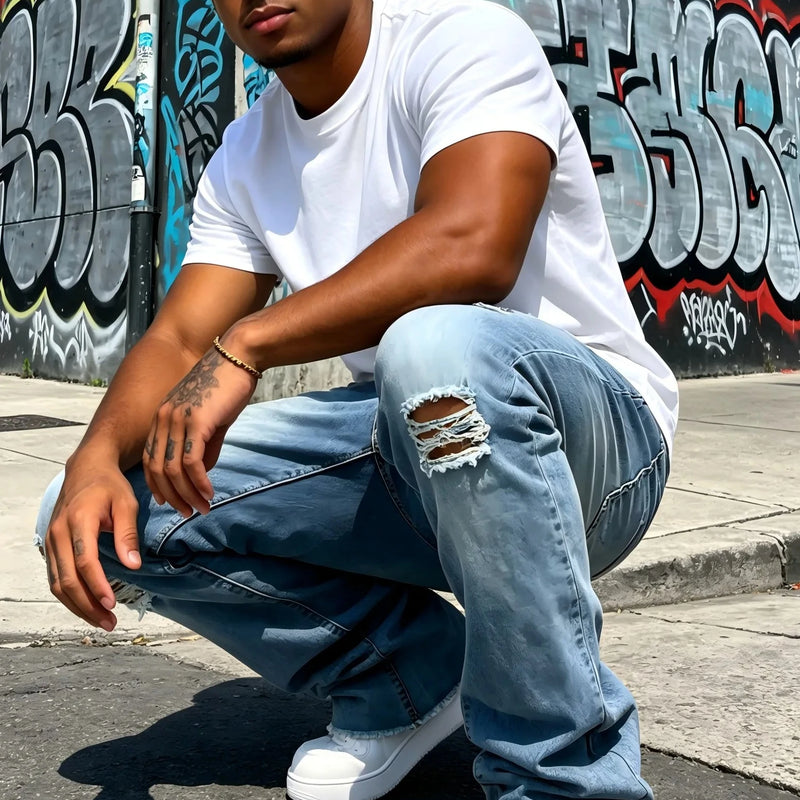 Men's Light Blue Denim Pants, Distressed Flared Jeans | SAMAG