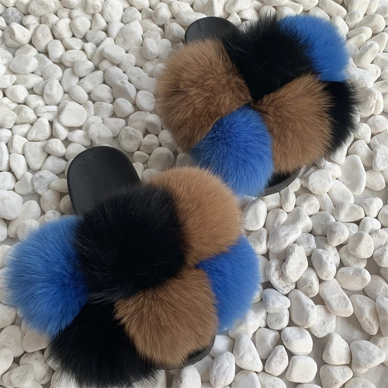 Fur Slides Factory Supply Mixed Color Pom Pom Six Balls Fox Fur Multi-Color Fluffy Fur Slippers For Women