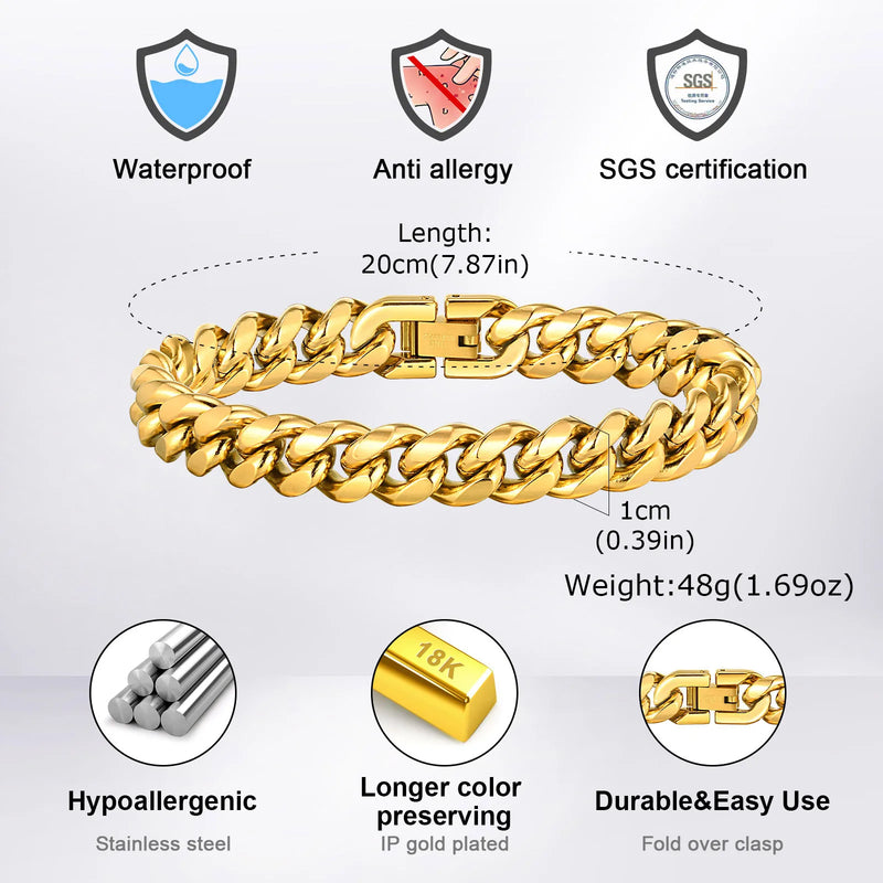 Gold Color Cuban Chain Bracelets for Men,6/8/10/12MM Stainless Steel Chain Link Wristband,Casual Hip Hop Male Jewelry Gift