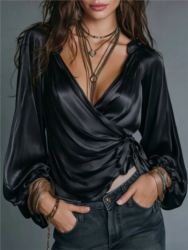 Fashion Satin Loose Elegant Women's Cardigan Shirt Spring And Autumn New Casual Pleated Thin Belt Female Office Shirt 2026