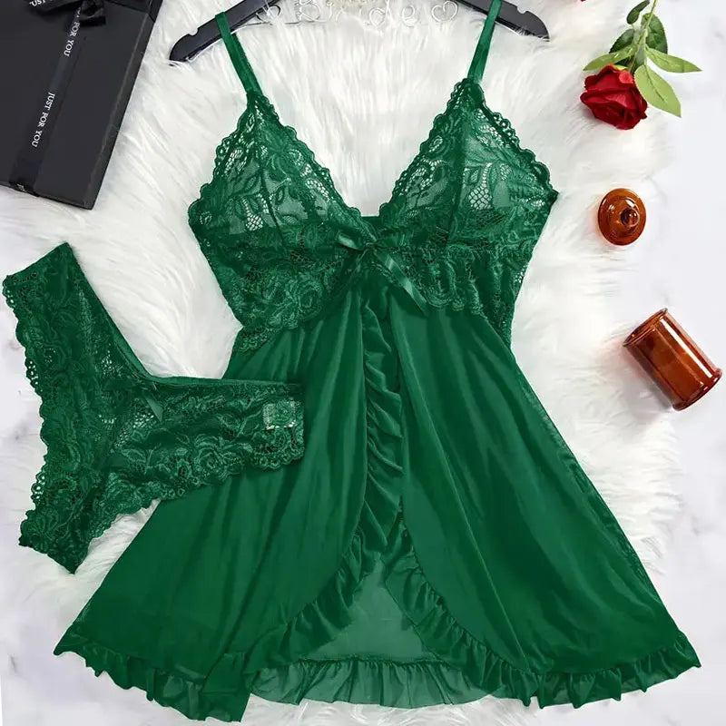Lace G-string Set Women Lingerie Pajama Kit Transparent Crotchless Dress Mini Underpants Nightwear Set Big Size Female Underwear
