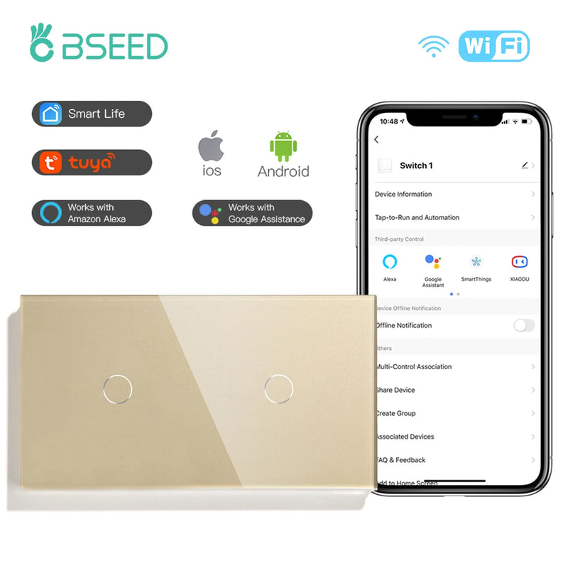 BSEED WIFI Double Light Switches 2/4/6 Gang 1/2/3 Way Wireless Touch Sensor Wall Switches Google Alexa Smart Life App Control