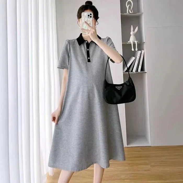 Somenie Summer Maternity Short Sleeve Dress Lapel Collar Casual Pregnant Women Daily Wear Outfit