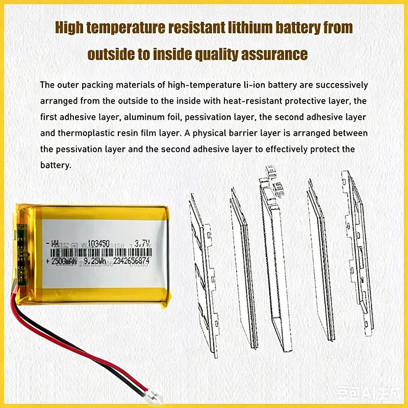 103450 3.7V 2500mAh Polymer Lithium Rechargeable Battery JST PH 2.0mm 2Pin Plug for Camera GPS Navigator MP5 Bluetooth Headset