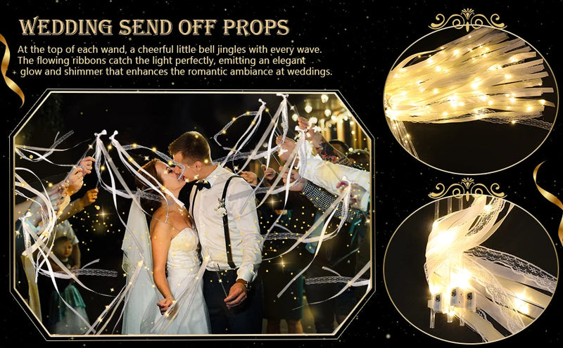 12-60Pcs Light Up Wedding Sparklers LED Wedding Wands Streamers Silk Fairy Wands with Bells  for Wedding Birthday Party Supplies