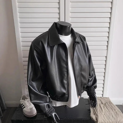 KIDWHXR Autumn Man Leather Jacket Streetwear Turn Down | SAMAG