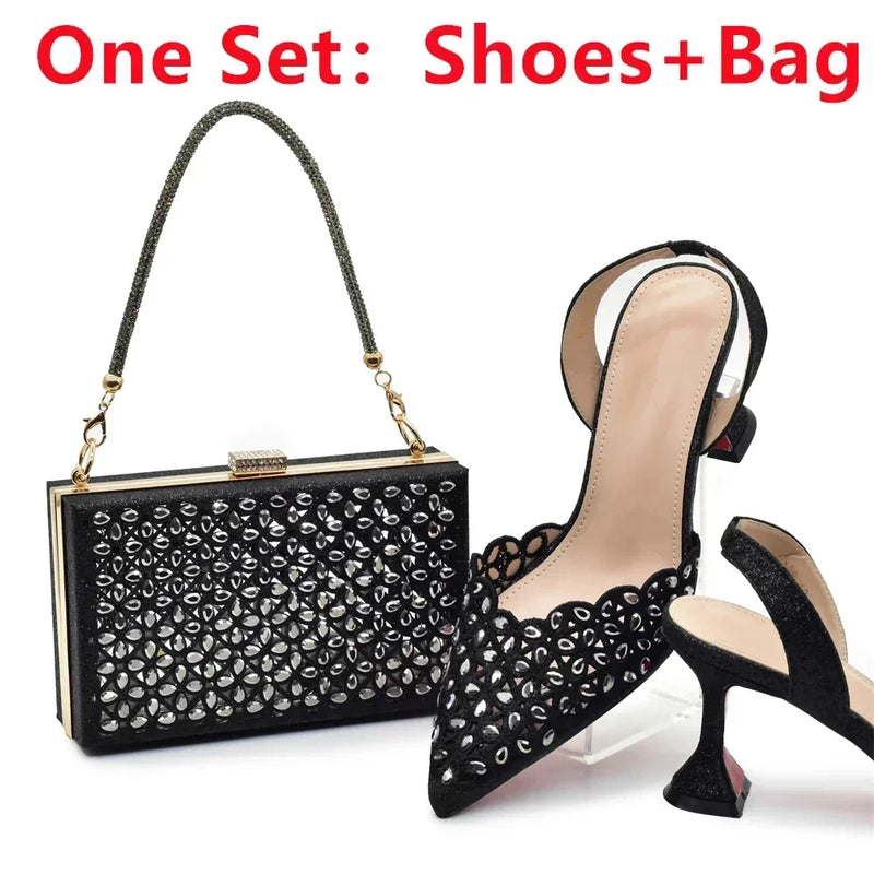 New Arrival Nigeria Women Designer Shoes and Bags Decorated with Rhinestone Wedding Italian Shoes Bag Set Pumps Women Luxury