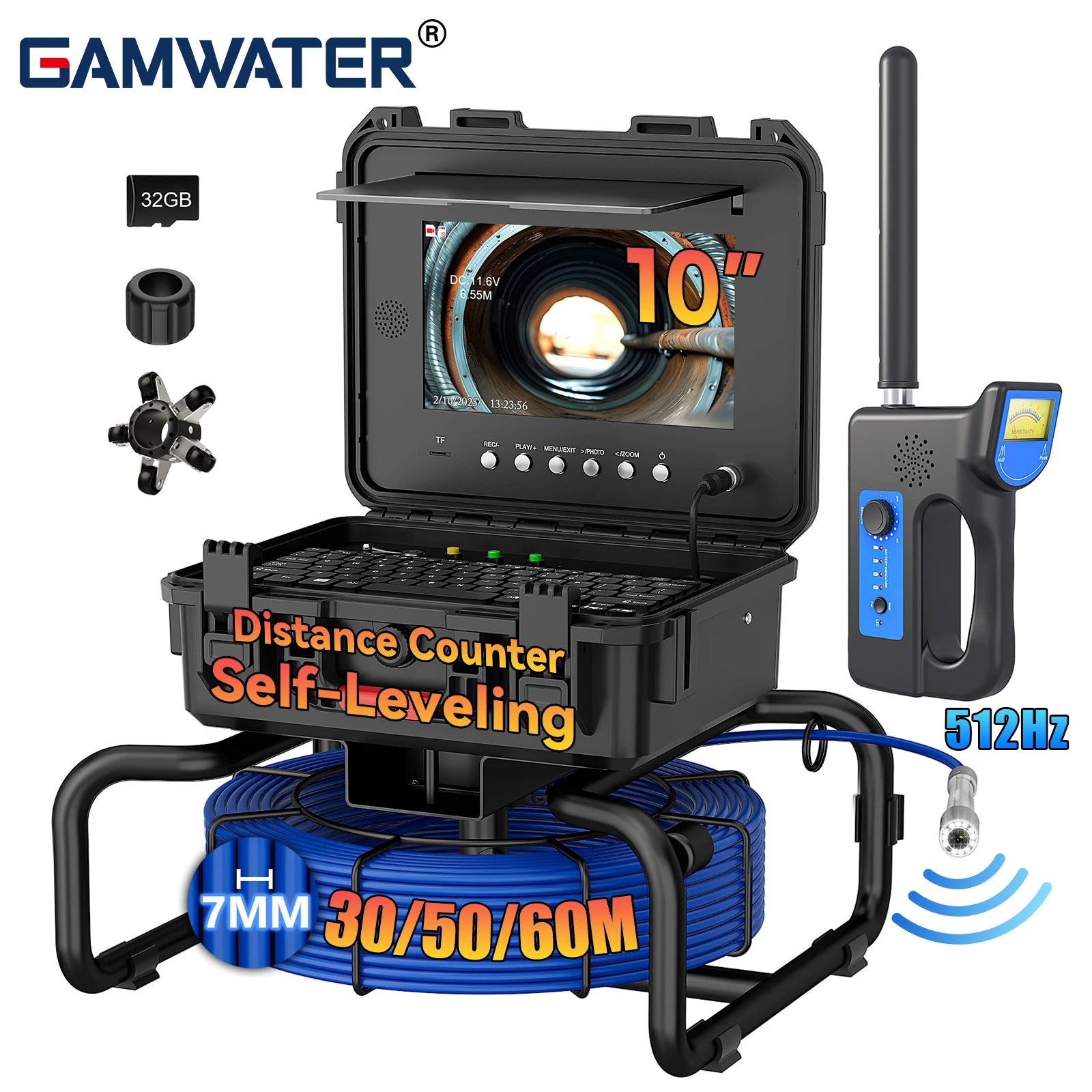 Self-Leveling Sewer Camera - 512Hz Locator, 10 inch IPS IP68 Pipeline Endoscope with DVR & Meter Counter, 7mm Cable for Plumber