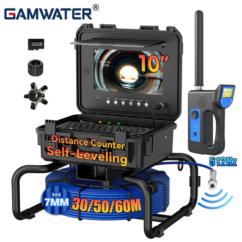 Self-Leveling Sewer Camera - 512Hz Locator, 10 inch IPS IP68 Pipeline Endoscope with DVR & Meter Counter, 7mm Cable for Plumber