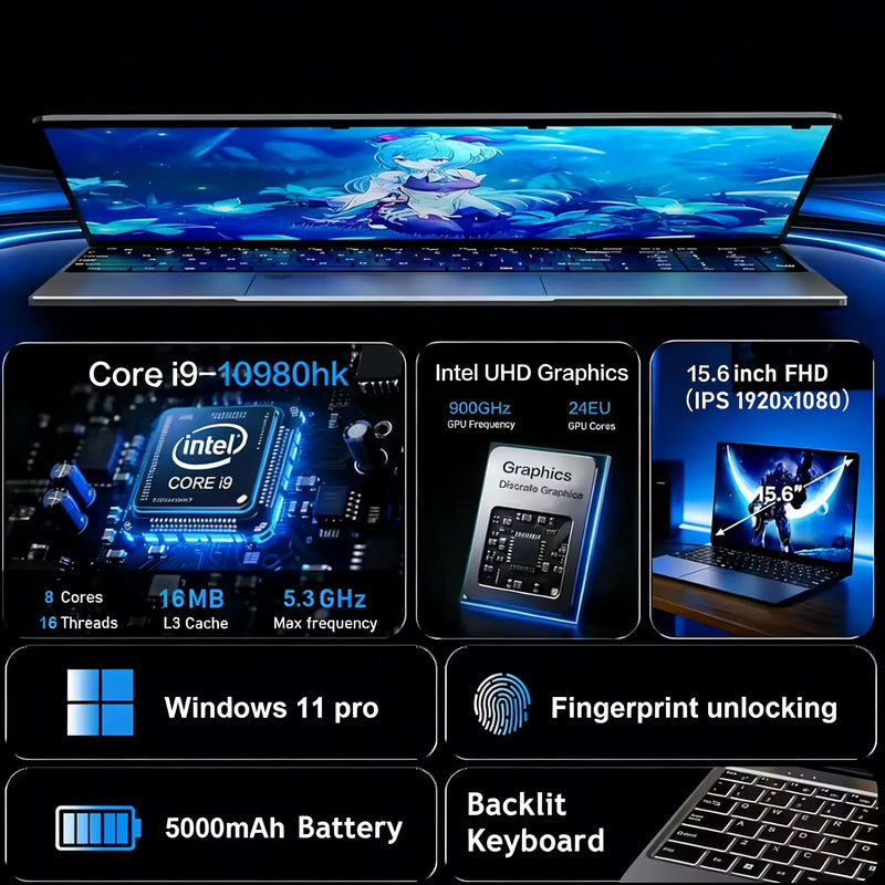 Core I9-10980HK Laptop 16GB RAM 1TB/2TB SSD Backlit Keyboard Fingerprint Unlocking Function Gaming and Business Dual Use Laptop