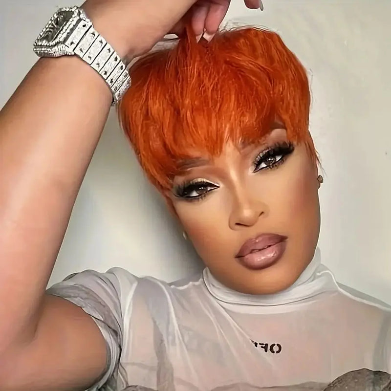 Ginger Orange Color Short Bob Wig with Bangs Peruvian Hair full machine made Short Pixie Cut Bob Wig Remy 100% Human Hair Wigs