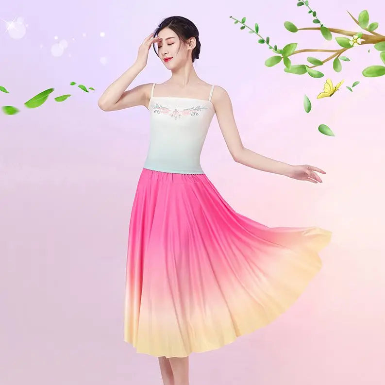 Colorful Gradient Long Skirt Summer Casual Dance Dress Loose Comfortable Stylish Outfit Middle Aged Elderly Dancing Wear Soft