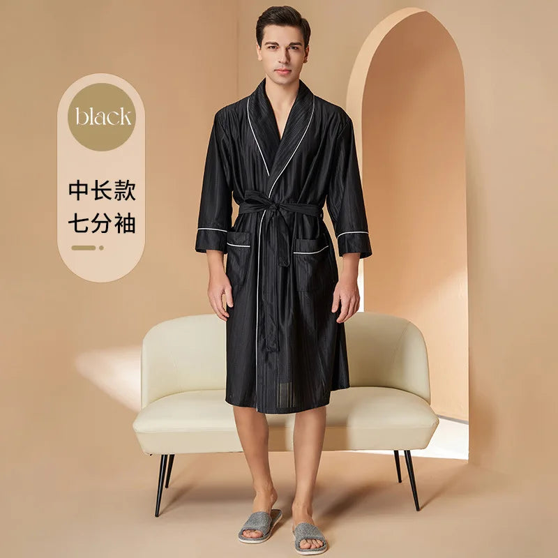 New Stripe Couple Bathrobe Cool Thin Spring Autumn Mid-Length Water Absorbent Loungewear Robe Men Women Luxury Home Nightgown