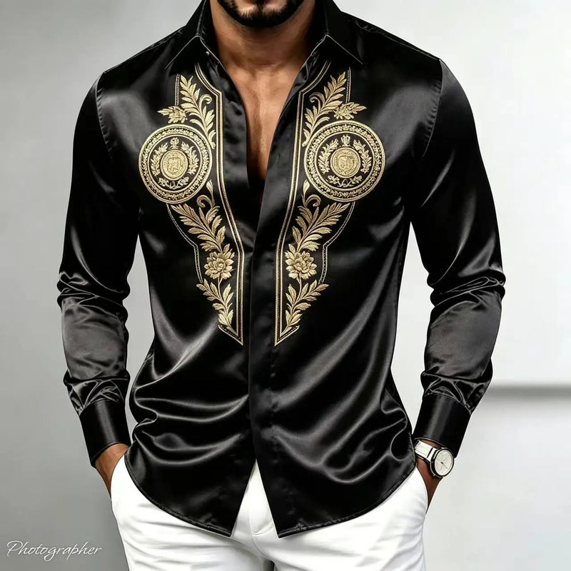 Men's Retro Baroque Printed Satin Silk Shirt Long Sleeved | SAMAG