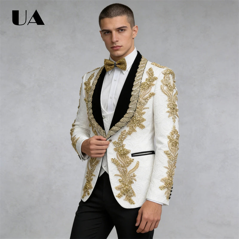 ULBYANRY Jacquard 3-Pieces Suit Including Jacket Vest Pants Suit Attires Luxury Handmade Men's Suit Set with Gold Rhinestones
