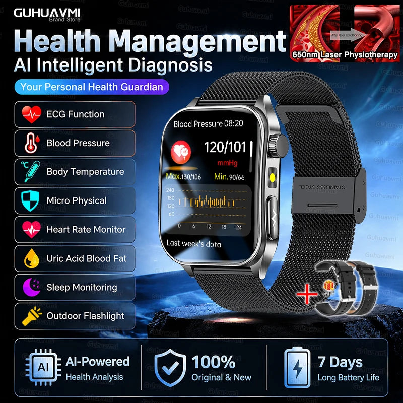 2026 New Non-Invasive Laser Treatment Three High Smart Watch Man ECG Heart Test Blood Fat Uric Acid Smart Watch For Android IOS
