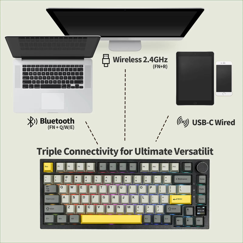 Ajazz AK820 Pro 75% Gasket-mounted Wired/Bluetooth 5.1/2.4G Wireless Mechanical Keyboard with TFT Screen for Win/Mac