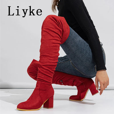 Liyke Fashion Round Toe Zip Thigh High Boots Women Autumn | SAMAG