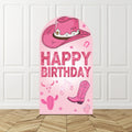 Cowgirl Pink Arch Backdrop Birthday Party Photo Background Kids Western Theme Decor Horse Shoe Boots Hat Pattern Celebration Bac