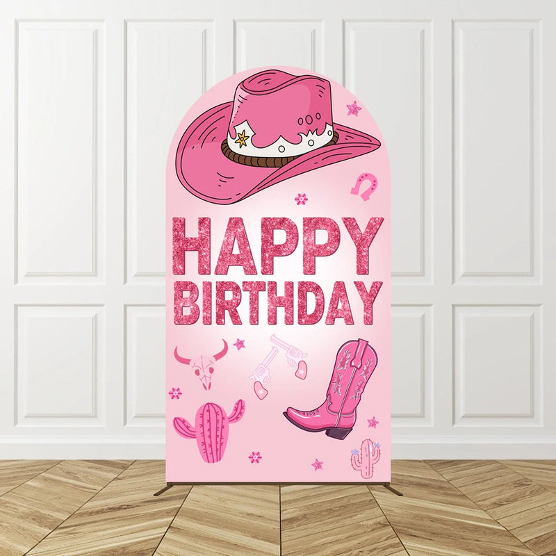 Cowgirl Pink Arch Backdrop Birthday Party Photo Background Kids Western Theme Decor Horse Shoe Boots Hat Pattern Celebration Bac