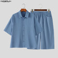 INCERUN Men's Sets Solid Lapel Short Sleeve Shirt Pants | SAMAG