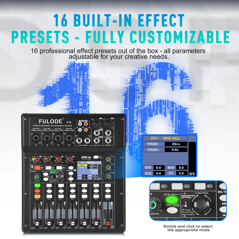 Fuluode 8-Channel Bluetooth Audio Mixer 4-Band EQ  Portable Sound Mixing Console USB Interface Live Recording Studio Karaoke