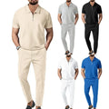 Autumn New European and American Men's Solid Color Leisure Suit Waffle Collar Short - sleeved Zipper Pants - View 3 | SAMAG