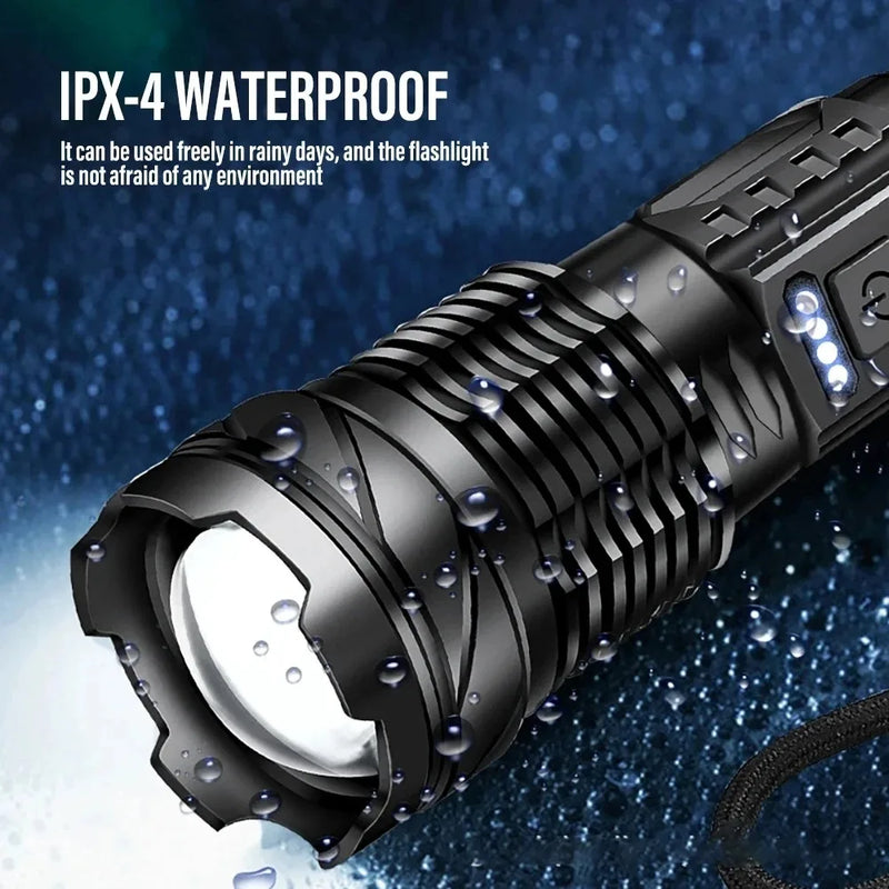 Powerful XHP50 LED Flashlight 18650 Torch Waterproof with Side Light 7 Modes USB Rechargeable Zoom Lamp for Camping Fishing