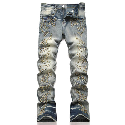 Men Slim Boot Cut Denim Jeans Punk Rivet Patch Stretch | SAMAG