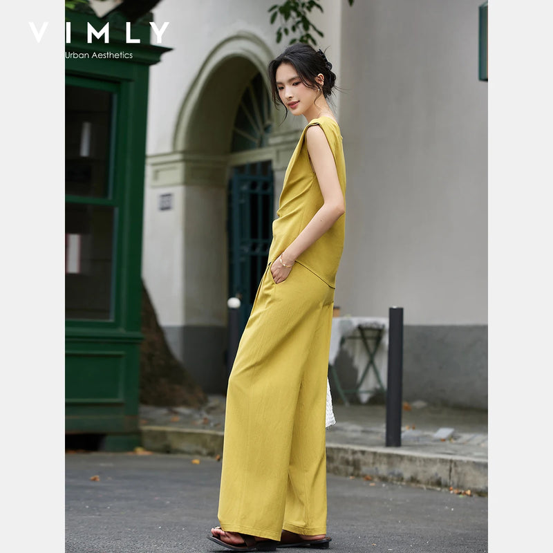 VIMLY Women's Yellow Two-piece Set 2026 Summer Round Neck Side Bow Tie Sleeveless Top Casual Fashion Wide Leg Long Pants A2370