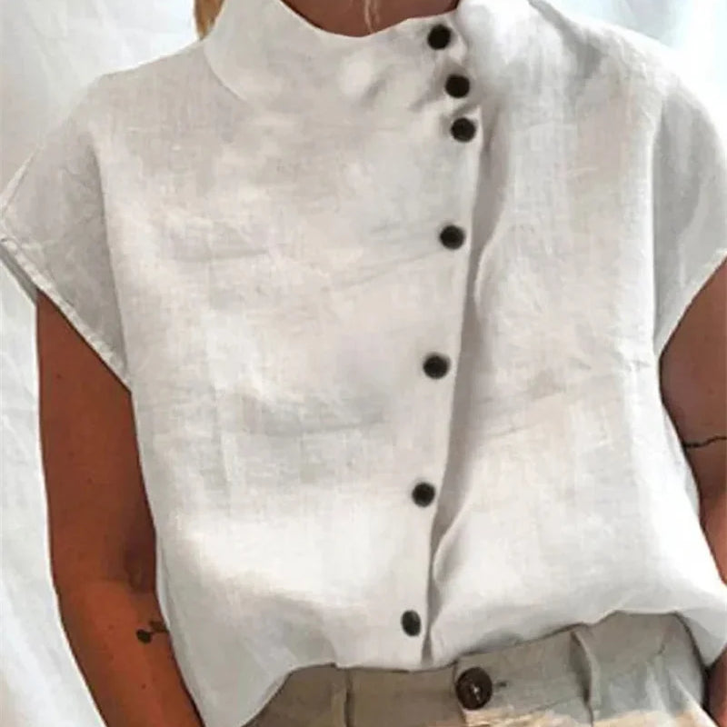 Elegant Cotton Linen Stand Neck Shirt Female Summer - View 7 | SAMAG