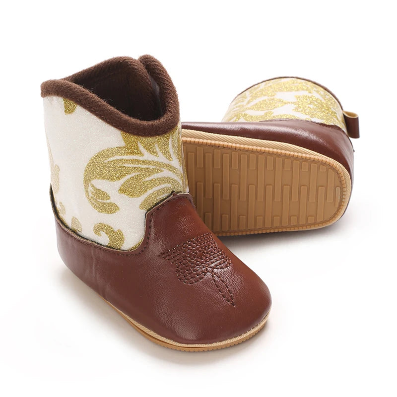 0-18M New Western Cowboy Rubber sole Non-SlipBoots Fashionable and Casual Infant/Toddler Mid length Boots Embroidered Baby Boots