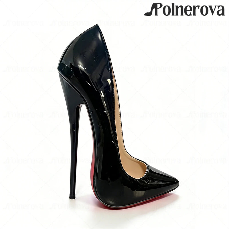 16cm Brown Patent PU Leather Pumps Sexy Style Sliop on Round Toe High Heels Ultimate Lacquered Heel Pumps Women's Daily Footwear