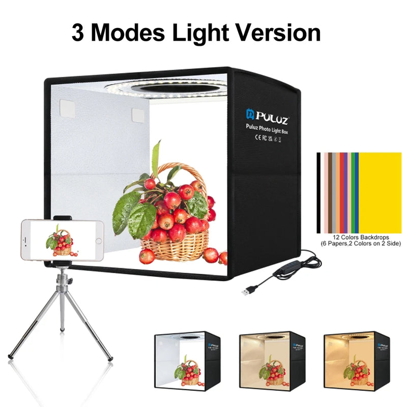 PULUZ 25cm Folding Portable High 97 CRI Ring LED Light Photo Lighting Studio Shooting Tent Box with 12 Colors Backdrops