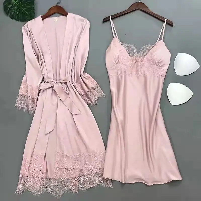 White Sleep Set Pajamas Lady Lace Satin Pyjamas Kimono | SAMAG