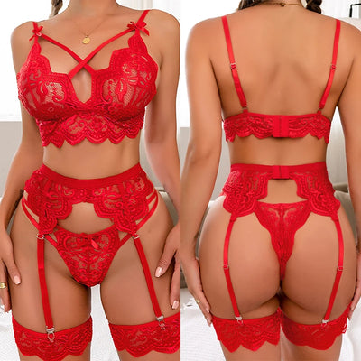 Sexy Lingerie Woman Sex Bra Set And Garter Lace G-String | SAMAG