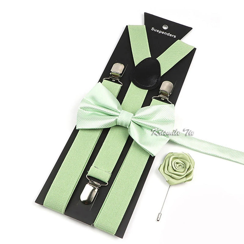 Novalty Sage Green Suspender Bowtie Set For Men Women Kids Romatic Wedding Party Elastic Y-back Straps Pants Shirt Accessory