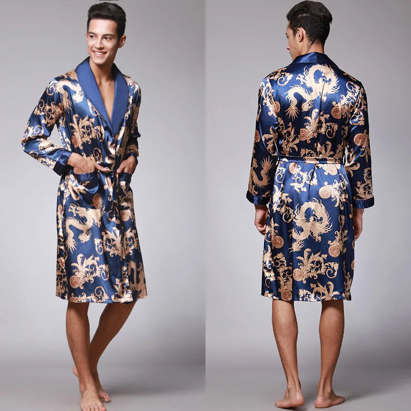 Loose Kimono Robe Wear Printing Nightgown Silky Men's Pajamas Long-sleeved Bathrobes Homewear