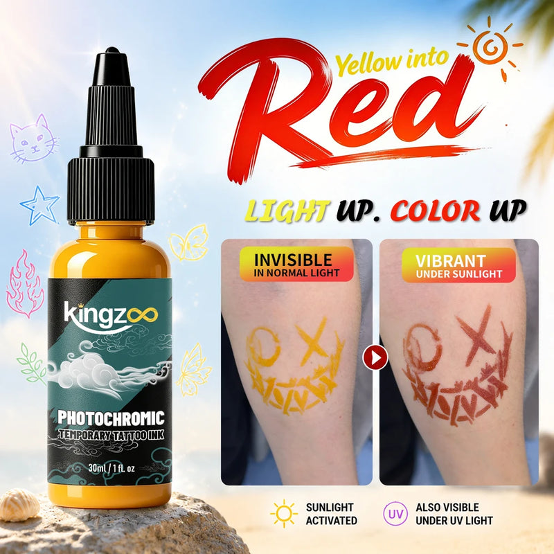 KINGZOO Temporary Tattoo Ink Sun Activated Color Changing Body Art Paint Airbrush Paint for Festival Party Beach Halloween 30ML