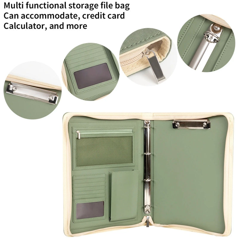New A4 multi-function business zipper bag, 4-ring binder + writing pad + storage bag, pleated texture PU  leather cover