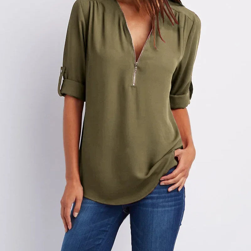 Women Cool Loose Shirt Deep V Neck Chiffon Fashion Blouse - View 9 | SAMAG