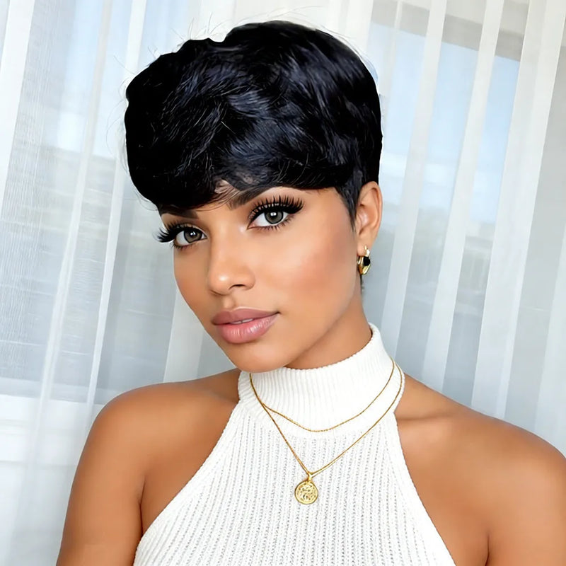6inch balck color short curly human hair wig machine made 150% density for women pixie cut human hair wig