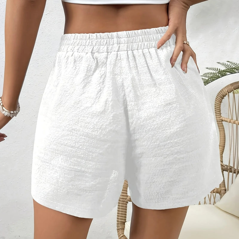 Solid Color Elastic Waist Shorts with Fake Drawstring - View 2 | SAMAG