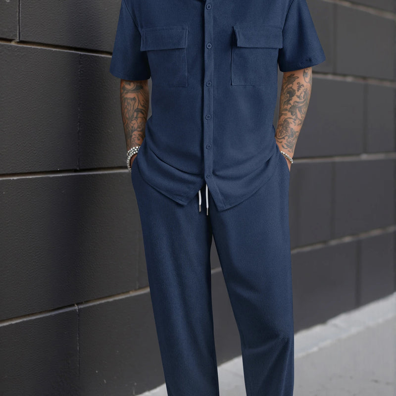 New 2pcs Set Men's Short Sleeve Shirt + Pants Suits for Beach Wear Tracksuit Solid Color Sweatpants Hawaiian - View 7 | SAMAG