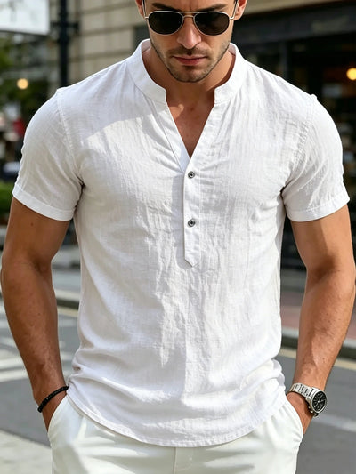 Men's White Stand Collar Henley Short Sleeve Shirt | SAMAG